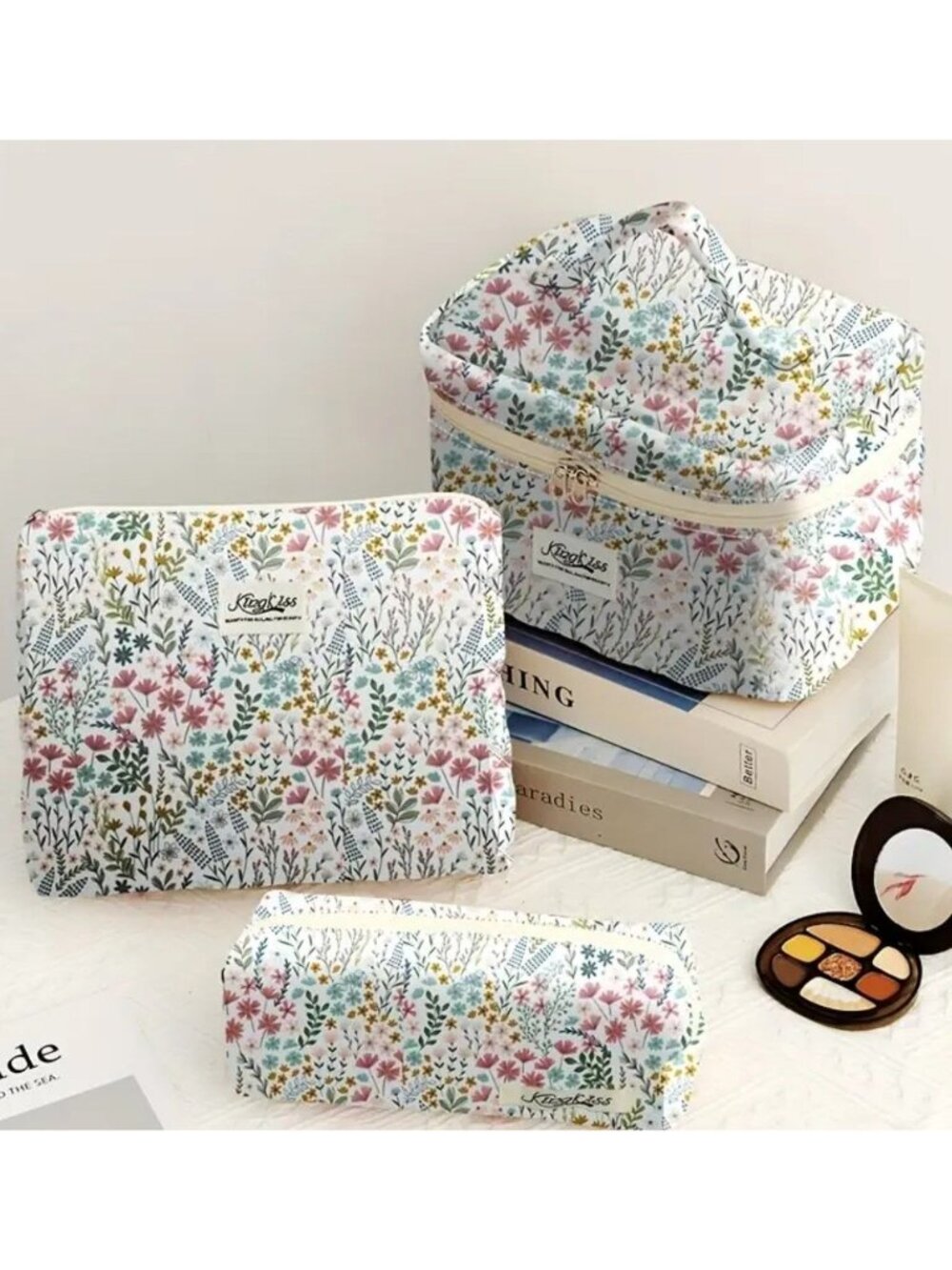 3 Pc Quilted Zip Floral Makeup Bag Set Wildflower Cosmetic Toiletry Travel Gift